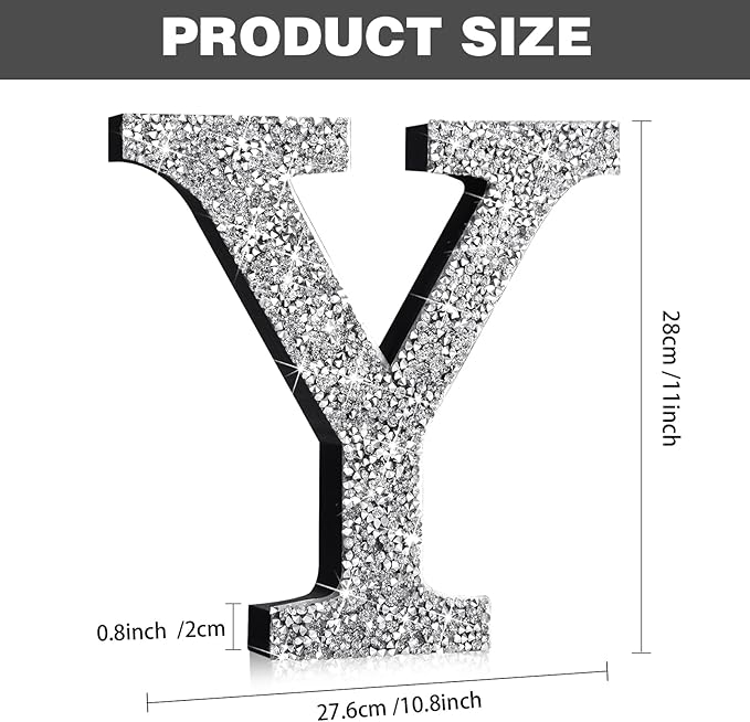 Qunclay 12'' Silver Crystal Diamond Bling Letters Crushed Diamond Decoration Wooden Glitter Letter with Screw and Hooks Rhinestone Gift for Wedding Y2k Mcbling Bedroom Wall Decor (Letter Y)