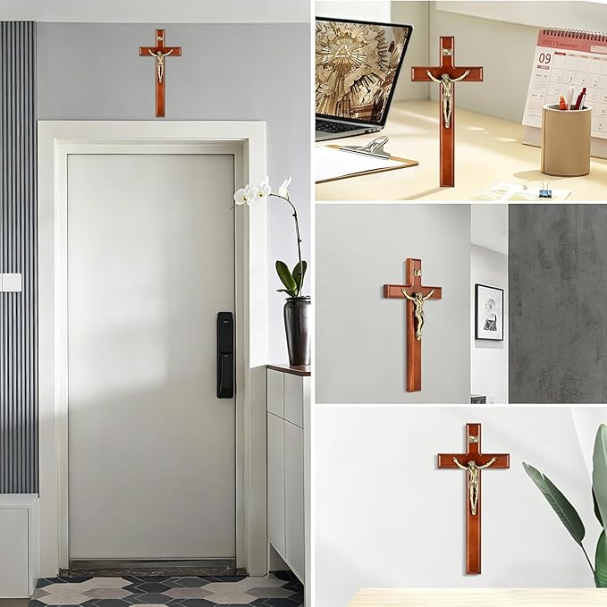 SISSIDA Crucifix Wall Cross, 12 Inch Catholic Crucifix for Wall Decor, Handmade Wooden Cross for Wall with Jesus Christ and INRI - Dark Brown & Antique Brass