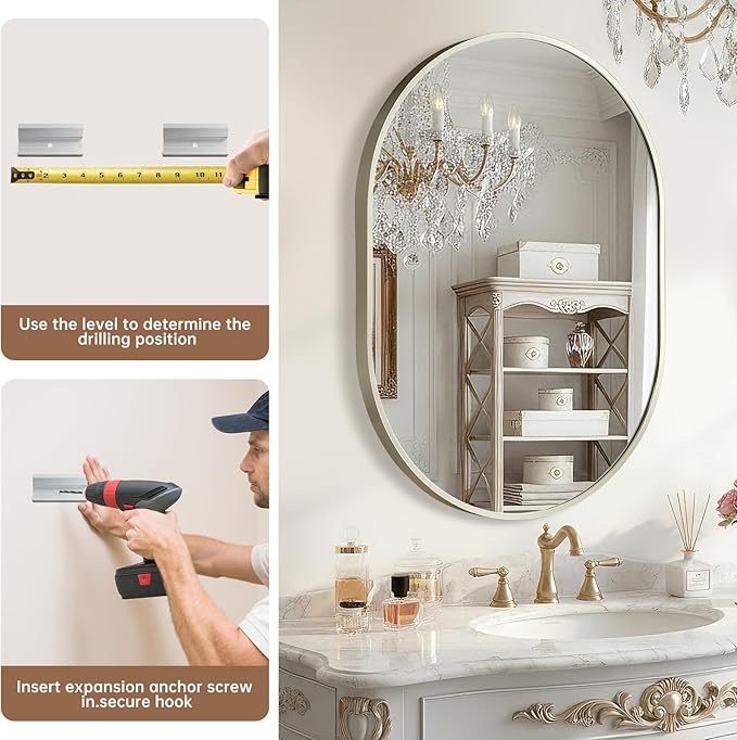 Brushed Nickel Mirror, 22"x30" Oval Bathroom Mirror, Oval Mirror with Brushed Metal Frame, Wall Mount Mirrors Decor for Bathroom, Bedroom, Entryway (Hangs Horizontally or Vertically)