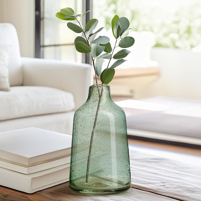 Torre & Tagus 10 Inch Tall Green Glass Vase with Gold Flakes, Mouth Blown Glass Vases Green Flower Vase Centerpieces, Watertight for Hydroponic Plants, Coastal Seagreen Gold Decor Accents (Marina)