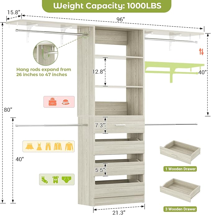 Aheaplus Closet System with 4 Drawers, 8FT Wood Closet Organizer System, Walk-in Closet Wardrobe with Tower, 4 Hang Rods, 2 Top Shelves, Built In Closet Insert System, Fits Spaces 4-9 ft, White Oak
