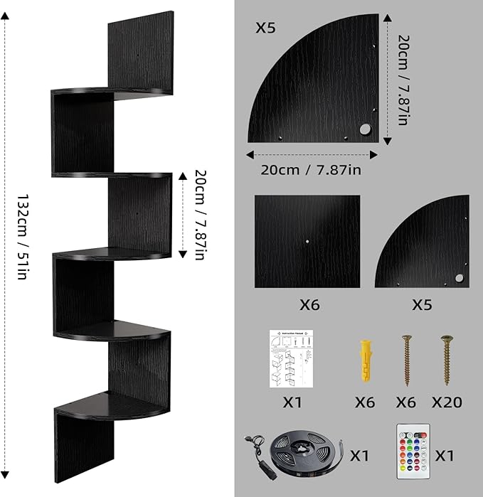 HAAYOT Corner Shelf Wall Mounted: 5-Tier Floating Shelves with Lights for Living Room, Bedroom, Home Office, Black