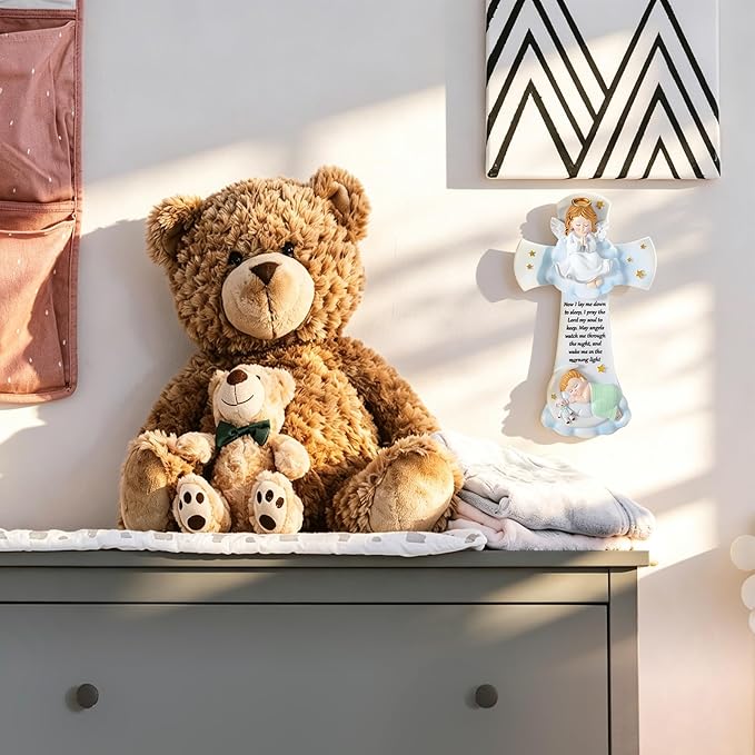 Wenqik 7.1 Inch Guardian Angel Baptism Decorative Hanging Resin Cross Sweet Dreams Baby Decorative Angels Cross Wall Decoration for Boys and Girls Keepsake Nursery Room Christening Gift