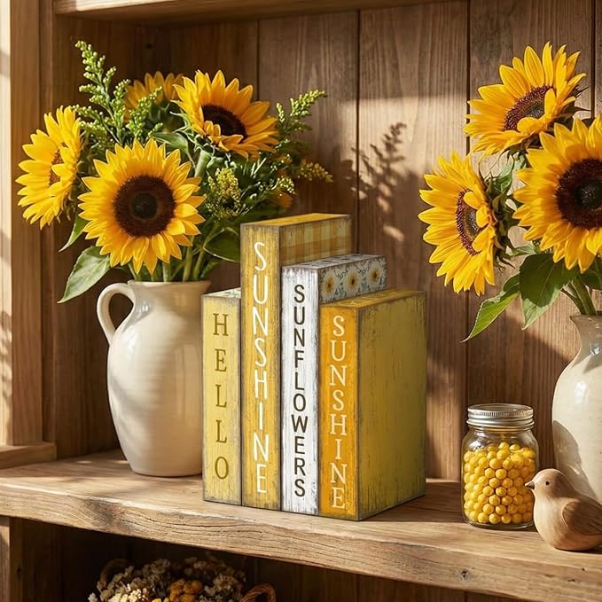 Lineshading 4 Pcs Summer Table Decoration Wooden Book Sunflower Decoration Yellow and White Summer Tiered Tray Decor Wood Book Sign Farmhouse for Home Shelf Coffee Table