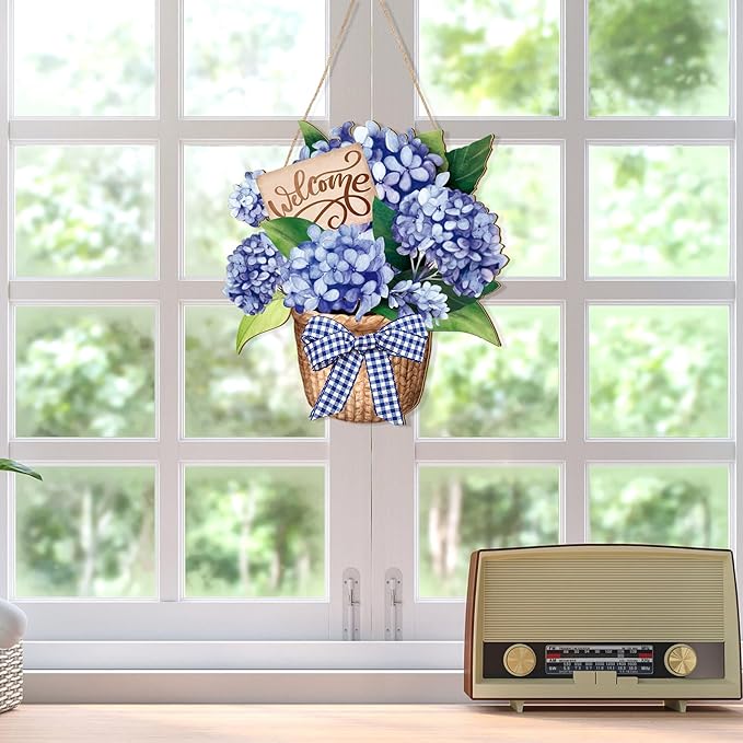 Barydat Summer Door Decorations Blue Hydrangea Wreaths Sign Flowers Floral Door Hanger Rustic Wooden Welcome Hanging Wreath Decorations for Summer Front Indoor Home Porch Wall Windows