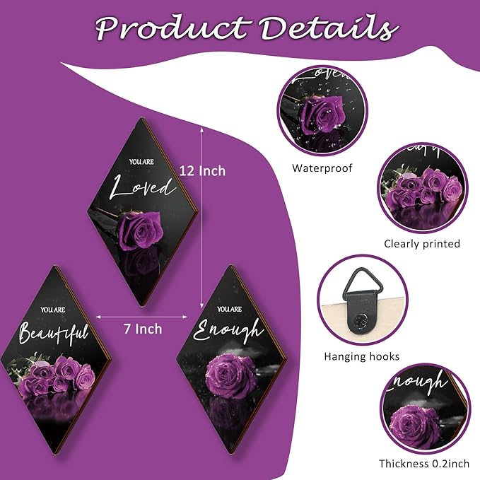 ONIZHITY 3-Piece Purple & Black Wall Decor - Rose Wooden Art with Positive Quotes for Bedroom, Bathroom & Wedding (12 x 7)