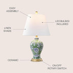 JONATHAN Y 24" Green/White French Country Ceramic Floral Urn Table Lamp, White Linen Shade, Chinoiserie Ginger Jar Bedside Lamp for Living Room Bedroom, LED Bulb (JYL3009F)