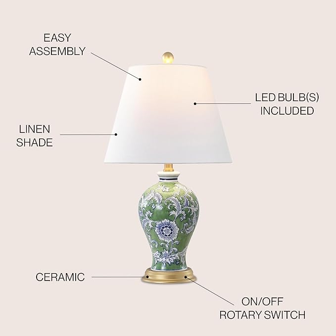 JONATHAN Y 24" Green/White French Country Ceramic Floral Urn Table Lamp, White Linen Shade, Chinoiserie Ginger Jar Bedside Lamp for Living Room Bedroom, LED Bulb (JYL3009F)