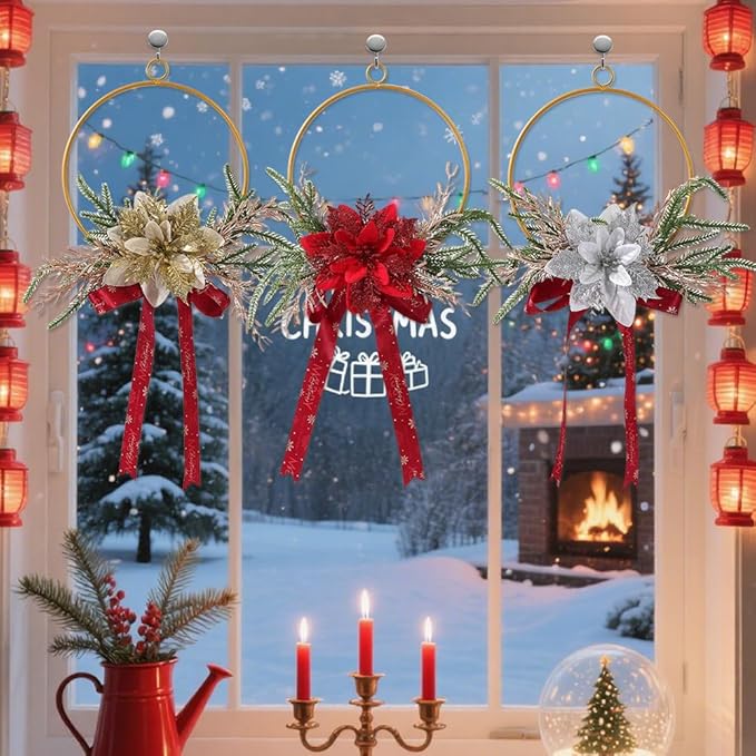 Christmas Metal Ring Wreath 7.28inch Metal Hoop with Floral Flowers Christmas Wreath with Red Bow Ribbon Floral for Front Door Winter Wall Decoration (Gold)
