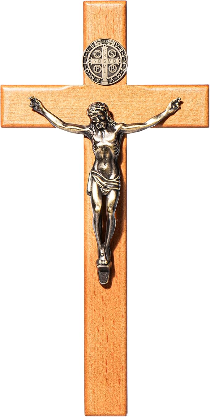 ACHIBANG 10 Inch Wooden Catholic Crucifix Wall Cross with Jesus & Saint Benedict Medal, Natural Wood Religious Decor for Home Prayer Room, Baptism Confirmation Catholic Gifts