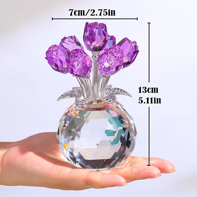 Arikyrist Crystal Purple Rose Bouquet Figurine with Round Vase, Glass Rose Flower Romantic Gifts for Women Mom on Birthday, Collectible Decoration Table Centerpiece for Home