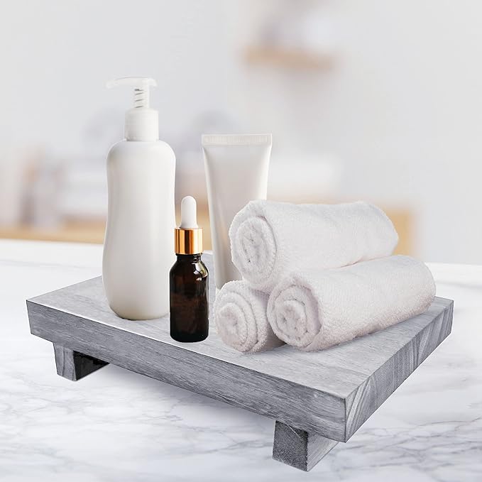 Rustic Wood Riser - Rectangular Soap Tray, Candle Holder, Plant Stand - White, 12 x 7 x 1.5 Inch