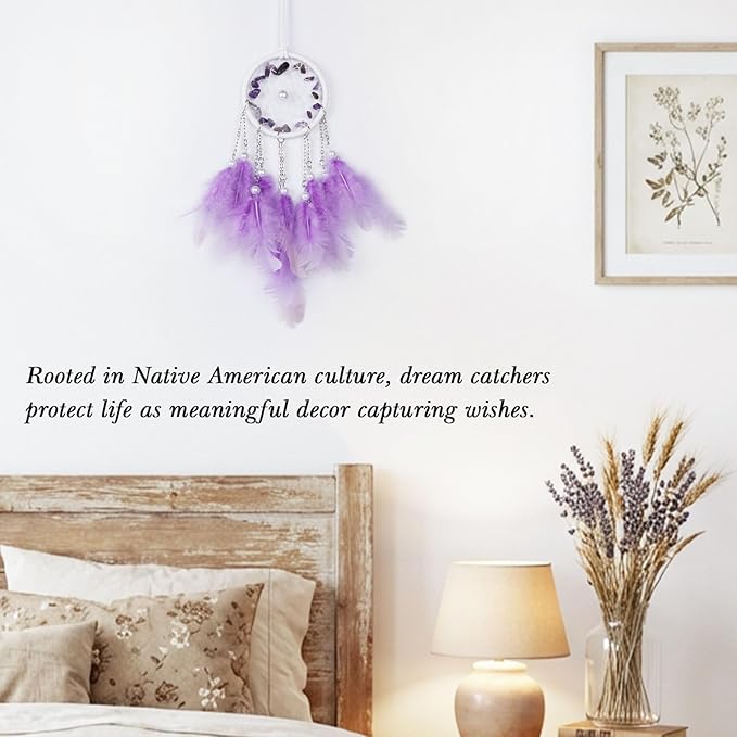 Pretty Jolly Crystal Stone Small Dream Catchers Purple Feathers Mini Dreamcatchers with Beads for Cars Rear View Mirror Hanging Decoration Good Luck Travel Charm Bedroom Ornaments for Women Girls