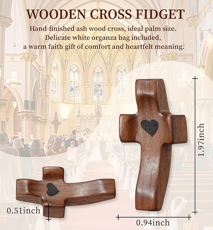 50Pcs Wooden Cross Bulk Worry Cross with Organza Gift Bags Handcrafted Solid Walnut Pocket Cross My Heart Prayer Stress Relief Christian Faith Encouragement Gifts for Church Easter Religious Sharing