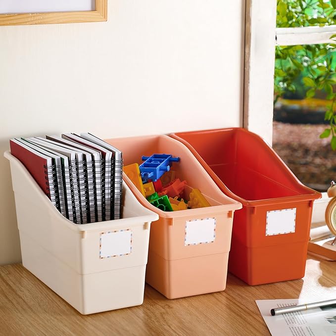 Suzile Interlocking Plastic Book Bins Bulk Classroom Organizers with Labels Magazine File Holder Boho for Teacher Supplies Library Office Home Storage Container(Classic Colors,12 Pcs)