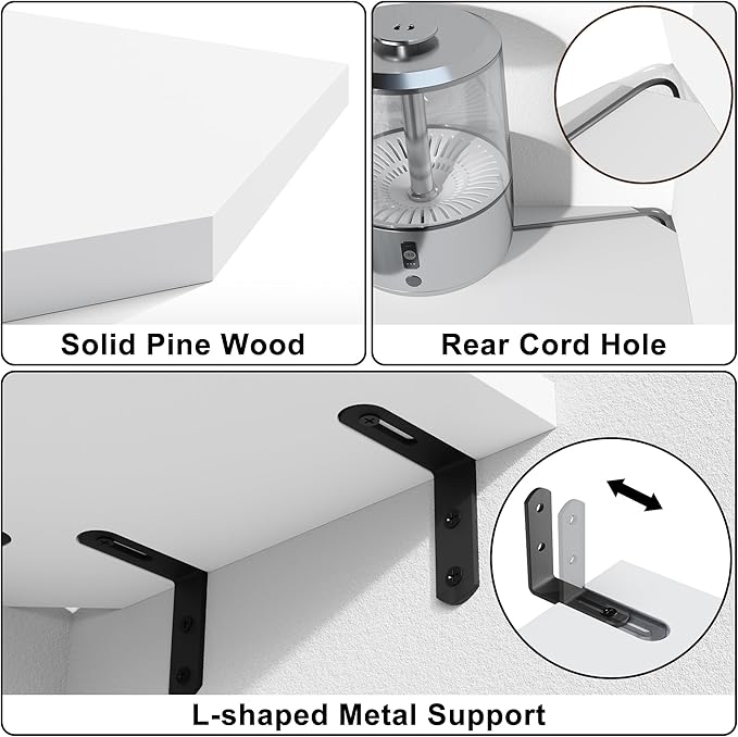 Alsonerbay Corner Wall Shelf Set of 3 Corner Shelf Wall Mount, Solid Wood Corner Floating Shelves with Cable Hole for TV Accessories, Speaker, Game Console for Bedroom, Living Room, Bathroom White