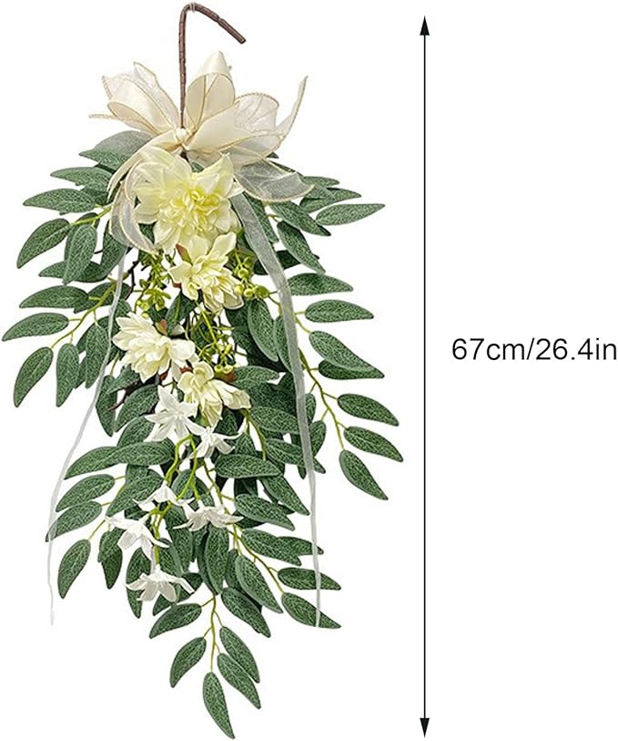 Artificial Hydrangea Teardrop Swag Hanging Floral Spring Swag Wreath with Willow Leaves Fake Plant Ivy Branch for Front Door Wedding Arch Window Wall Decor(White)