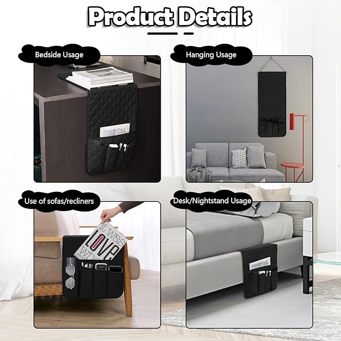 Huakaile Foldable Remote Control Holder Non-Slip Couch Sofa Chair Waterproof Armrest Organizer with 5 Pockets Armrest Organizer Couch Recliner Caddy Fits for Ipad, Phone, Magazines (Black)