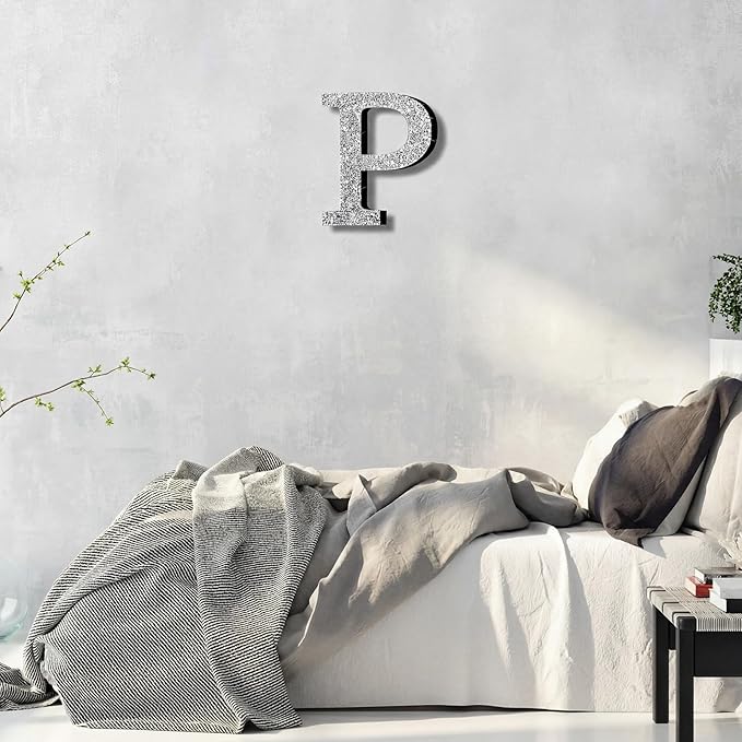 Qunclay 8'' Silver Crystal Diamond Bling Letters Crushed Diamond Decoration Wooden Glitter Letter with Screw and Hooks Rhinestone Gift for Wedding Y2k Mcbling Bedroom Wall Decor (Letter P)