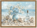 Framed Beach Canvas Wall Art, Blue Coastal Pictures Wall Decor Paintings, Ocean with White Floral Shell Poster Prints, Modern Seascape Artwork Home Decor for Living Room Bathroom 16x24 inch