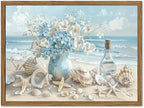 Framed Beach Canvas Wall Art, Blue Coastal Pictures Wall Decor Paintings, Ocean with White Floral Shell Poster Prints, Modern Seascape Artwork Home Decor for Living Room Bathroom 16x24 inch