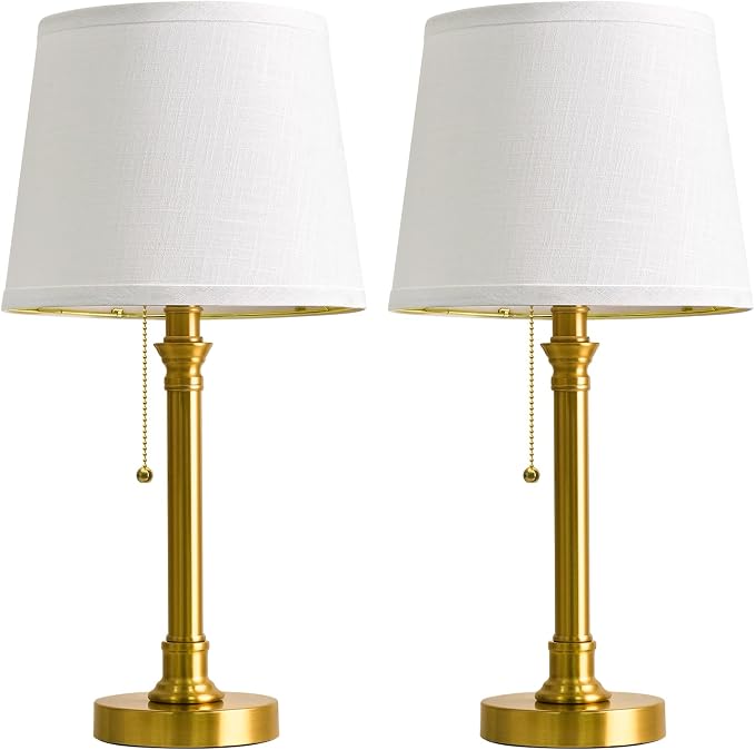 Oneach 19.5" Gold Table Lamp Set of 2, Small Bedside Table Lamps with USB A+C Charging Ports, Pull Chain Switch, Brass Modern Nightstand Lamps for Living Room, Bedroom, Nursery