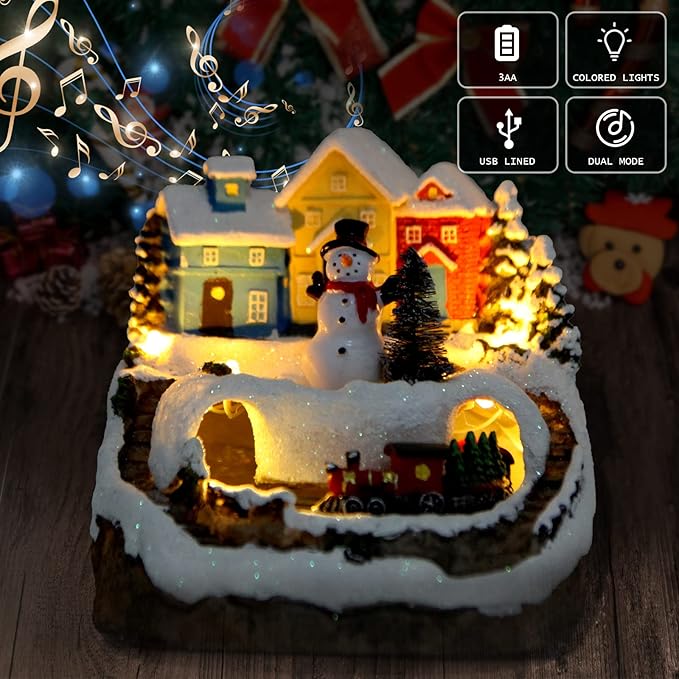 Christmas Village Figurines Musical Snow Globe Christmas Collectible Buildings Decoration with Spinning Train 8 Music & LED Light for Christmas Home Decor Gift Santa Claus (Snowman) (W01)