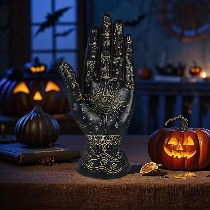 Palmistry Hand Resin Statue Telling Palm Reading, Ancient Mystical Palm with Lines and Symbols Sculpture for Palm Readers（Black）