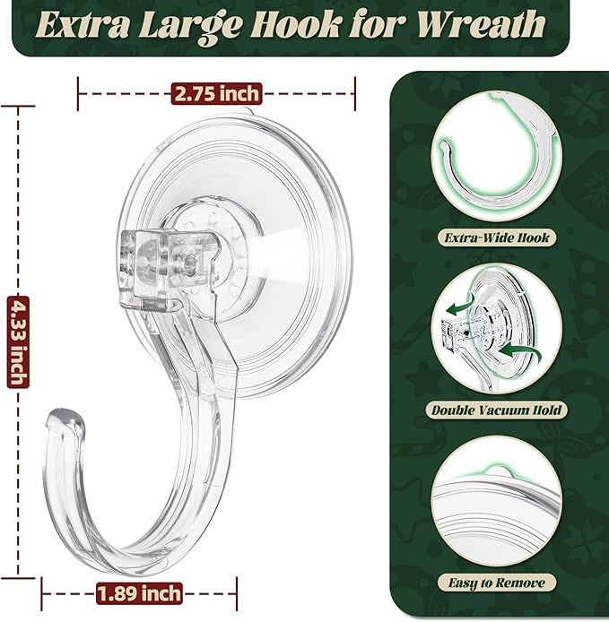Amuille Wreath Hangers for Front Door, 2 Pack Large Suction Cup Wreath Hooks, Clear Wreath Hanger for Glass Window, Shower, Kitchen, Christmas Wreaths, Holds up to 18 lbs