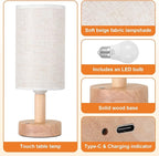 Rechargeable Cordless Touch Table Lamp with Stepless Dimming,Natural Wood Base&Linen Shade,Small Battery Wireless Ambient Night Light for Bedroom,Bedside,Nightstand,Nursery,Kitchen,Camping,Outdoor