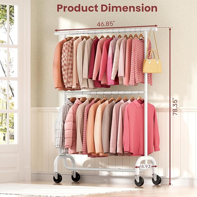 Heavy Duty Clothes Rack Load 600 LBS, Rolling Clothing Rack for Hanging Clothes with Lockable Wheels, Double Rod Garment Rack for Bedroom, Laundry, Clothing Store, White