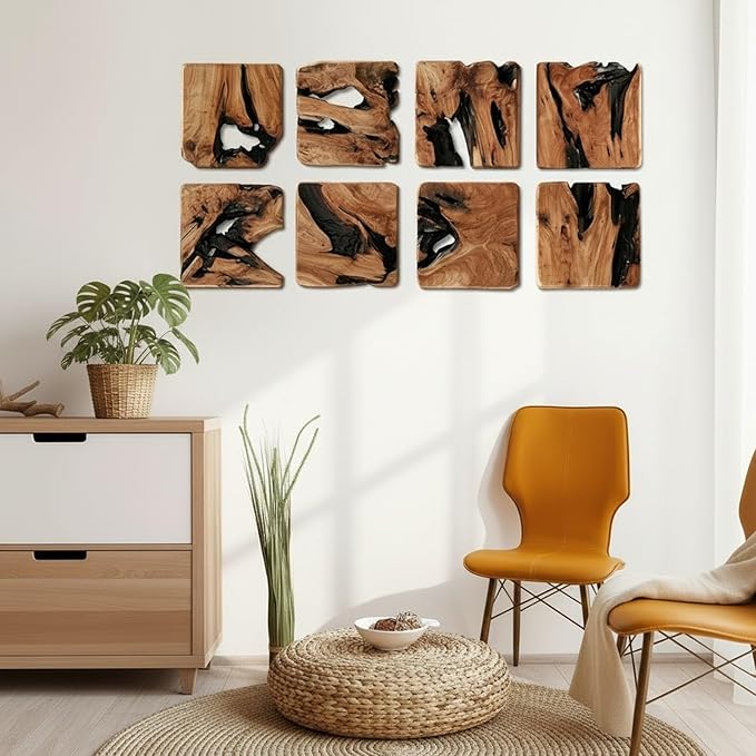 WELLAND 4 Pieces of Handmade Wall Sculptures, Rustic Abstract Wall Decor for Living Room, Bedroom, Bathroom, Dining Room, Home Office