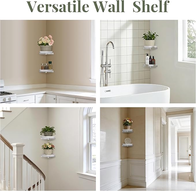 BXF Floating Plant Shelves for Wall Set of 2, Heavy Duty Matte White Corner Wall Planters for Indoor Plants, Minimalist Round Corner Shelf with Safety Guardrail, Rust-Proof Hanging Plant Holder