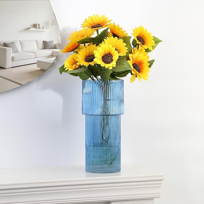 Large Glass Vase, 12 Inches Tall Vase for Flowers, Blue Flower Vases for Bouquet, Modern Blue Glass Vases for Living Room, Dining Table, Office, Entryway, Mantle, Shelf, Wedding Gifts