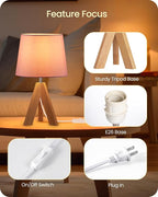 Pink Table Lamp, Small Tripod Table Lamp, Boho Bedside Lamp with Pink Linen Shade & Wood Base, Modern Nightstand Lamps, Little Cute Desk Lamp for Girls Room, Kids Room, Bedroom, P51TL05