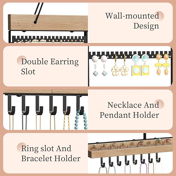 Large Rotating Hanging Jewelry Organizer, 5-Tier Earring Holder Storage Holds up to 180 Pairs, Wall Mounted Jewelry Rack for Earrings, Necklaces, Bracelets and Rings, for Girls, Black