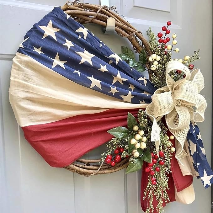 Patriotic Wreaths for Front Door, New 250th Anniversary Decorations, 4th of July Decorations Outdoor, Handcrafted Memorial Day Wreaths, Festival Celebration USA Flag Printed Wreath (C)