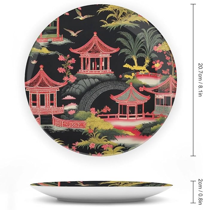 Chinoiserie Charcoal Coral Pagoda Asian China Plates of 6", 7", 9", 10", Customize Blue And White Plates, Office Festival Decorations Table, with Display Stand And Hook Up