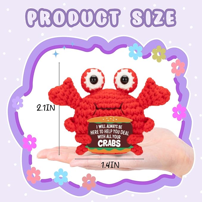 Positive Crochet Crab Animal Emotional Cheer Up Support Stuffed Animal Handmade Birthday Gifts for Christmas Thanksgiving Halloween White Elephant Gift for Women Coworker Friends