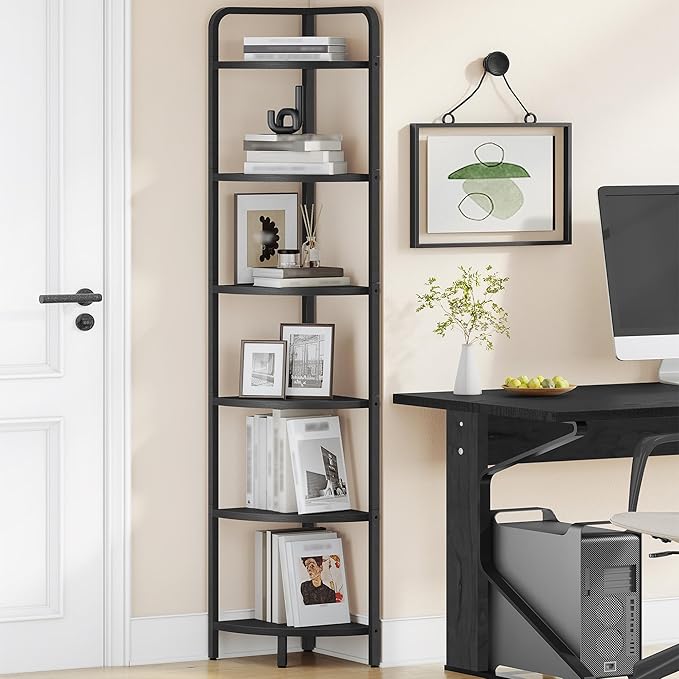 Hzuaneri Corner Shelf Stand, Corner Bookshelf, Plant Shelf, Corner Display Rack, Standing Shelf with Metal Frame for Living Room, Bathroom, Kitchen, Industrial Style, 6 Tier Black CS06604B