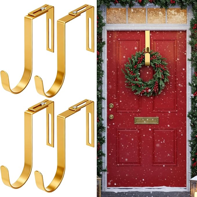 LEIFIDE 4 Pcs Width Adjustable Wreath Hanger for Front Door 1.5-3.78" Large Over the Door 4th of July Decoration Hook 20 Lbs Capacity(Gold)