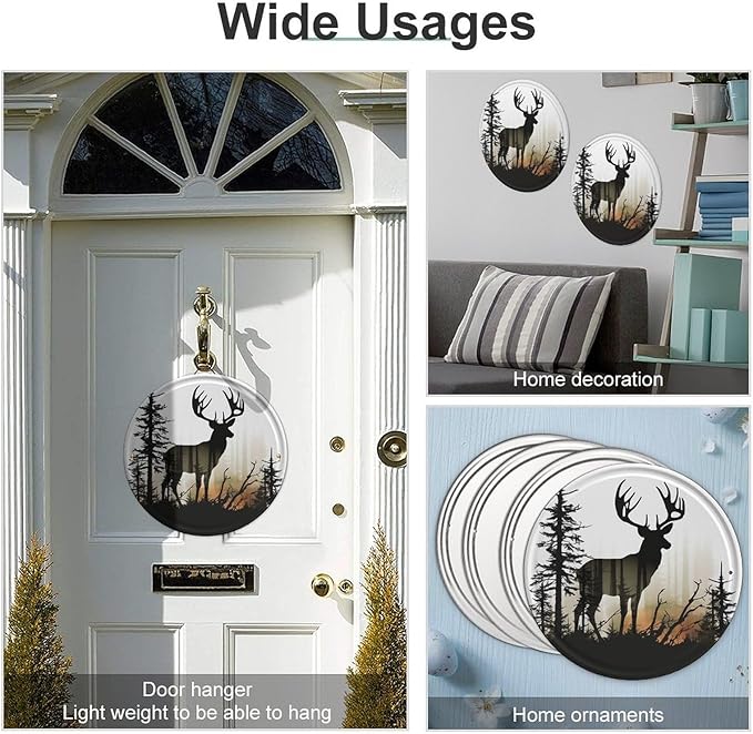 Wall Picture, with Deer Silhouette Printed Circular Iron Hanging Picture,Wall Art Decor,Home for Bedroom Living Room Bathroom Decor,Iron Painting 11.8X11.8 in