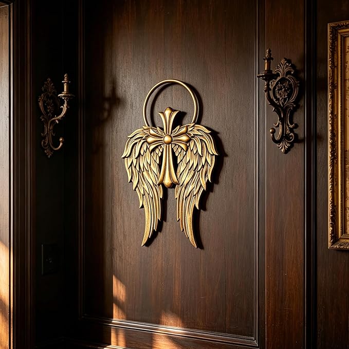 Sintosin Vintage Gold Angel Wings Wall Decor Small 14 X 22 Inch, Hanging Antique Religious Christian Cross Wall Art with Metal Halo, Decorative Wood Sculptures Home Decor for Hallway Living Room