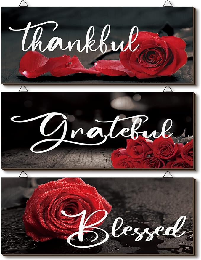 Hillban 3 Pieces Rose Wooden Wall Decor Rose Bathroom Decor Thankful Grateful Blessed Accessories Inspirational Wall Art Signs for Living Room Kitchen Wedding(10 x 4 Inch,Red)
