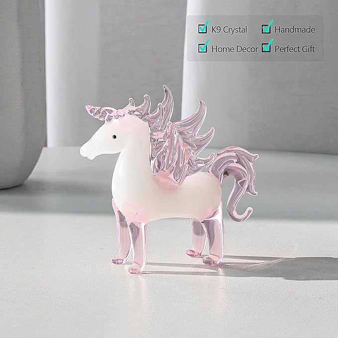 LONGWIN Crystal Pink Unicorn with Wings Animal Collectible Figurines, Hand Blown Glass Animal Gifts for Girls and Women Home Decor