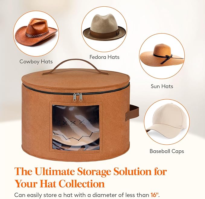 Lifewit Round Cowboy Hat Box for 7 Caps, Large Felt Hat Organizer Bag for Men&Women Storage, Baseball Cap Container with Lid for Travel, Foldable 16.5" Dx10.6 H Carrier, 37L Each, Brown 2 Pack