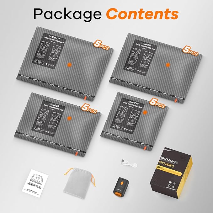 Travel Vacuum Storage Bags with Wireless Rechargeable Electric Pump, 20 Pack Travel Essentials Vacuum Seal Bags for Clothing, Space Saver Compression Packing Bags for Luggage, Suitcase, Backpack, Home