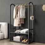 Freestanding Clothing Rack,Metal Garment Rack with Bottom Shelves and 6 Side Hooks,Black Sturdy clothes racks for hanging clothes,Modern Wardrobe Organizer for Bedroom or Closet (L:39.4)