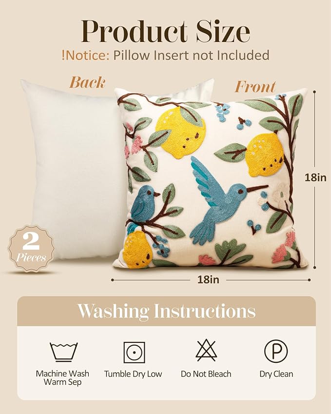 Embroidered Throw Pillow Covers 18x18 Inch - Set of 2 Summer Spring Boho Decorative Pillow Covers with Zipper for Living Room Couch Sofa Bed Aesthetic Design Bird Lemon Cushion Pillowcases