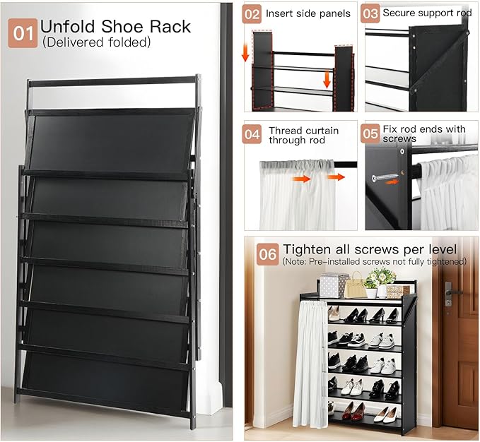 Easy Install Wooden Shoe Rack with Privacy Curtain - 6-Tier Foldable Shoe Storage Organizer, Unfold & Tighten to Use, Sturdy Wood Shoe Shelf for Closet Entryway Hallway Small Space